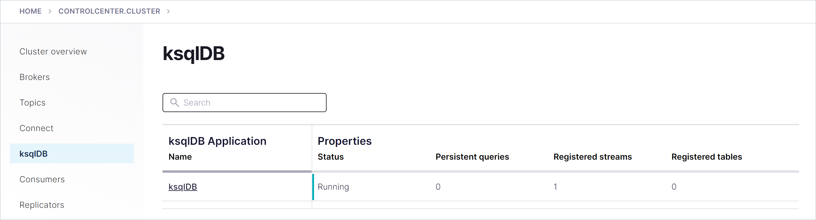 ksqlDB clusters list page in Confluent Control Center